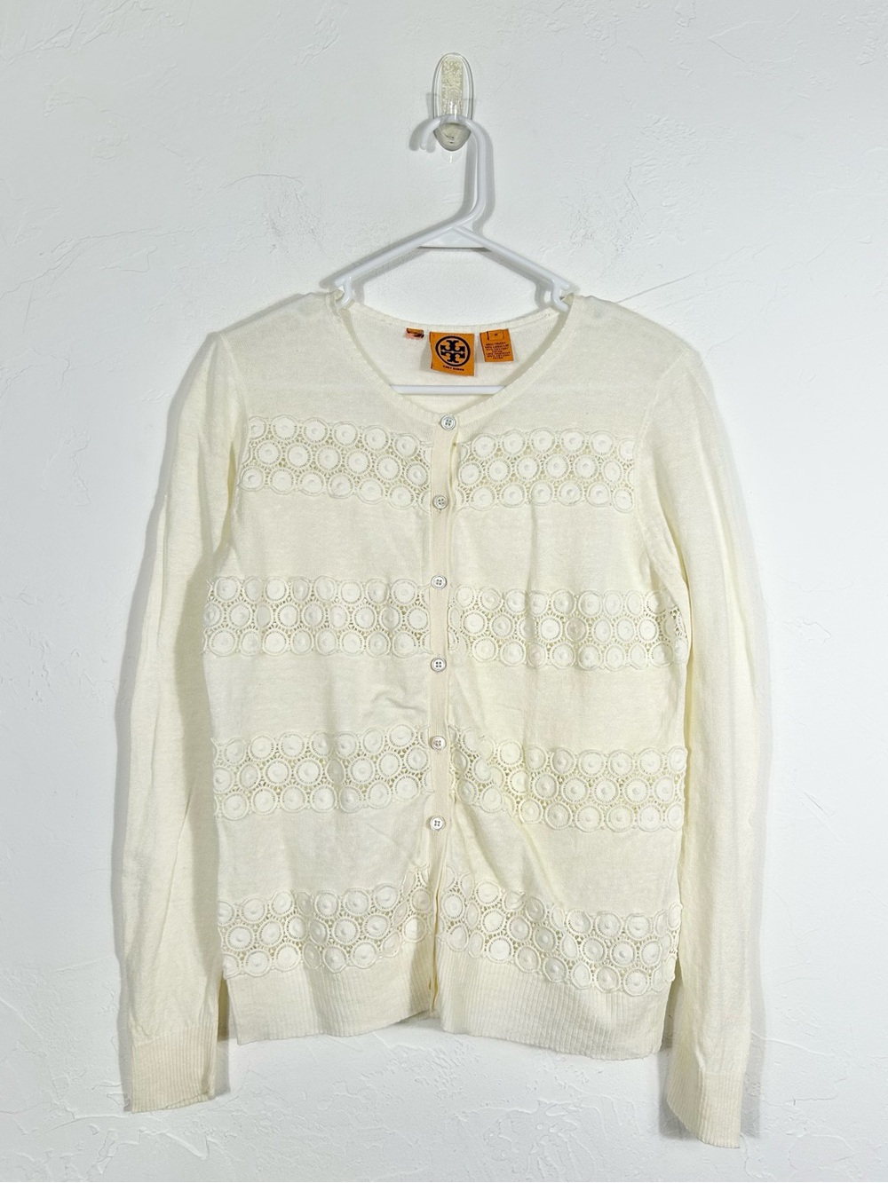 Tory Burch Cream Crochet Lace Knit Cardigan Sweater Ivory Button Front Medium